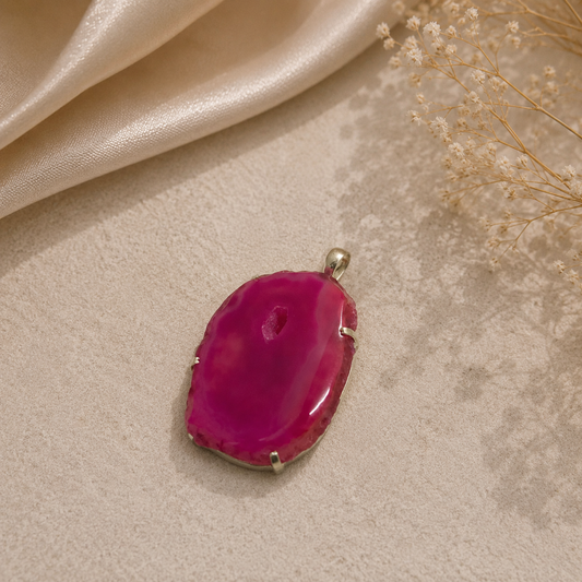 Pink Agate Slice Teardrop Pendant Boho Statement Jewelry Gift PEN43-SLV-NSAG01