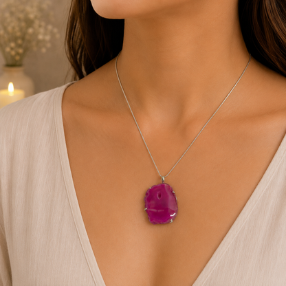 Pink Agate Slice Teardrop Pendant Boho Statement Jewelry Gift PEN43-SLV-NSAG01