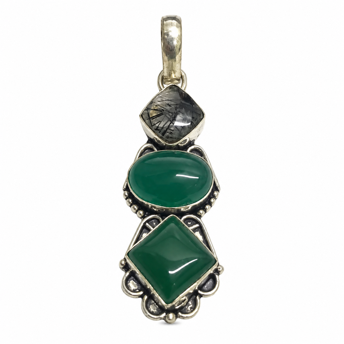 Black Rutile Green Onyx Pendant, Silver Tone Jewelry PEN431-SLV-LBR+NGO03