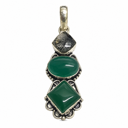 Black Rutile Green Onyx Pendant, Silver Tone Jewelry PEN431-SLV-LBR+NGO03