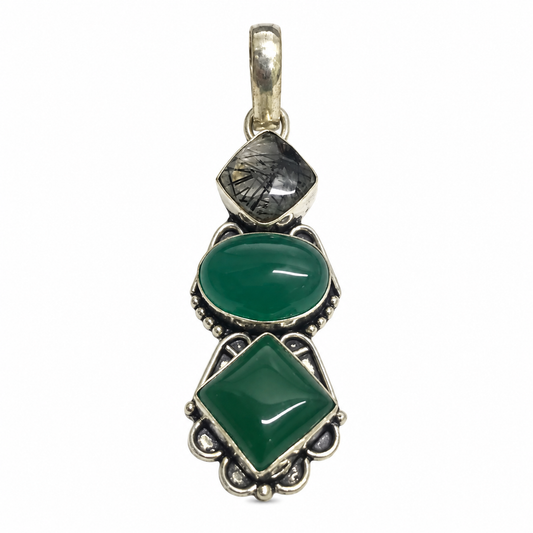 Black Rutile Green Onyx Pendant, Silver Tone Jewelry PEN431-SLV-LBR+NGO03
