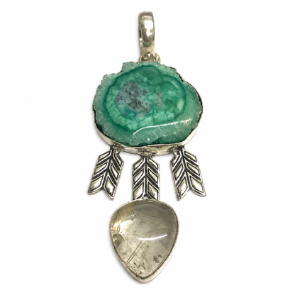 Green Solar Quartz Rutile Quartz Pendant, Silver Tone Boho Jewelry PEN432-SLV-NSLQ+NGLDR02