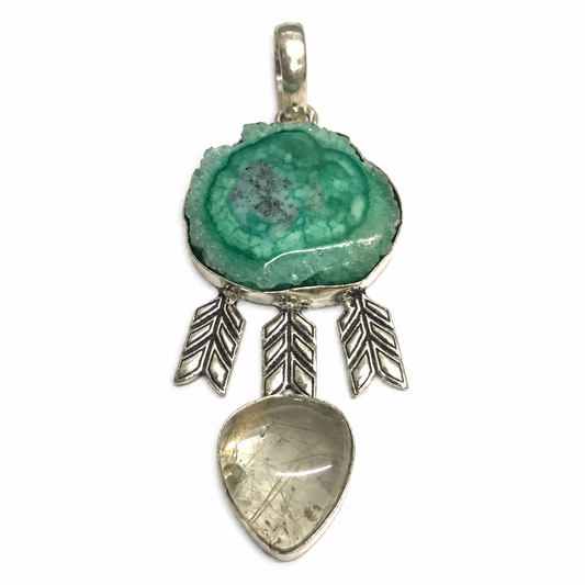 Green Solar Quartz Rutile Quartz Pendant, Silver Tone Boho Jewelry PEN432-SLV-NSLQ+NGLDR02
