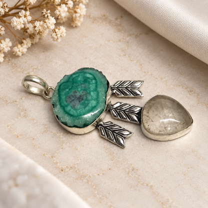 Green Solar Quartz Rutile Quartz Pendant, Silver Tone Boho Jewelry PEN432-SLV-NSLQ+NGLDR02