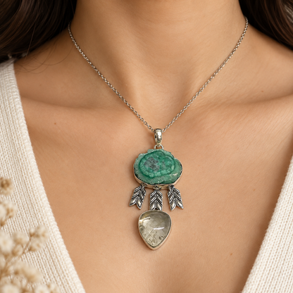 Green Solar Quartz Rutile Quartz Pendant, Silver Tone Boho Jewelry PEN432-SLV-NSLQ+NGLDR02