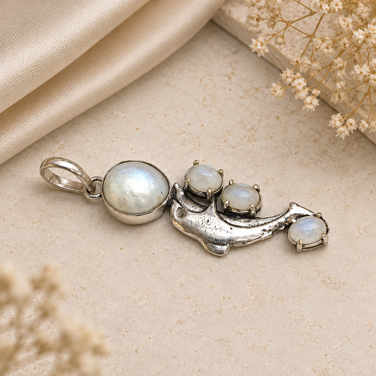 Moonstone Pearl Pendant, Silver Tone Celestial Jewelry PEN433-SLV-NPRL+NMS04