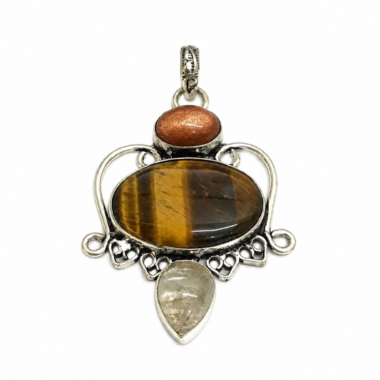 Tiger Eye Multi Stone Pendant, Silver Tone Boho Jewelry PEN434-SLV-NTE+NMUL03