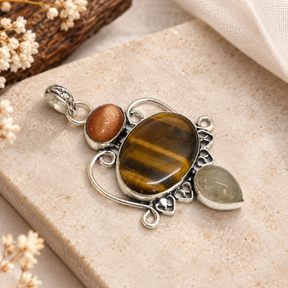 Tiger Eye Multi Stone Pendant, Silver Tone Boho Jewelry PEN434-SLV-NTE+NMUL03