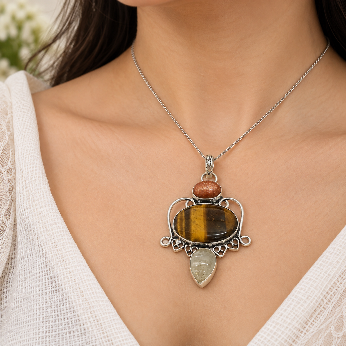 Tiger Eye Multi Stone Pendant, Silver Tone Boho Jewelry PEN434-SLV-NTE+NMUL03