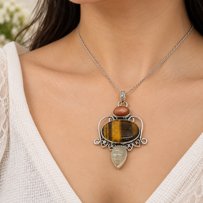 Tiger Eye Multi Stone Pendant, Silver Tone Boho Jewelry PEN434-SLV-NTE+NMUL03