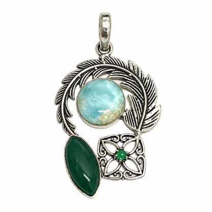 Larimar Green Agate Pendant, Silver Tone Boho Jewelry PEN435-SLV-NLAR+NMUL03