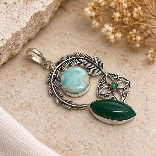 Larimar Green Agate Pendant, Silver Tone Boho Jewelry PEN435-SLV-NLAR+NMUL03
