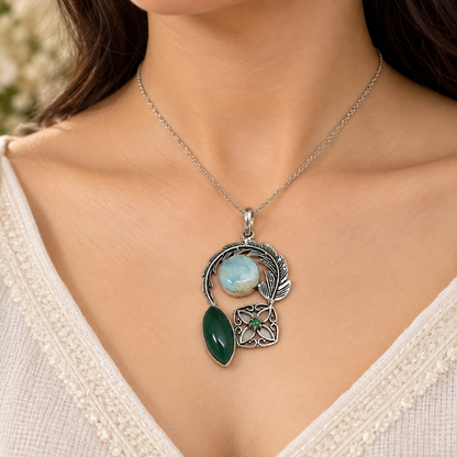 Larimar Green Agate Pendant, Silver Tone Boho Jewelry PEN435-SLV-NLAR+NMUL03
