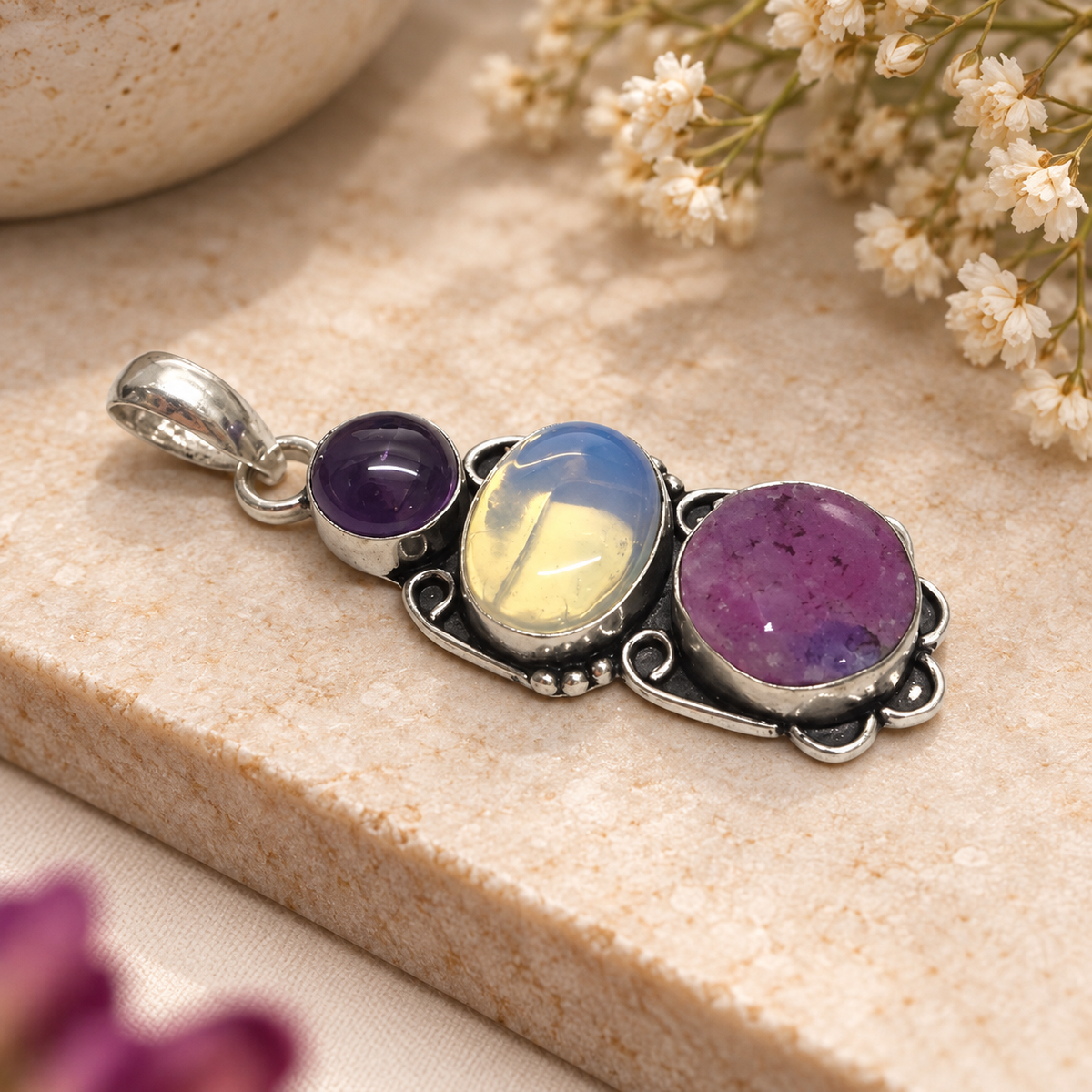 Amethyst Opalite Multi Stone Pendant, Silver Tone Jewelry PEN436-SLV-NMUL03
