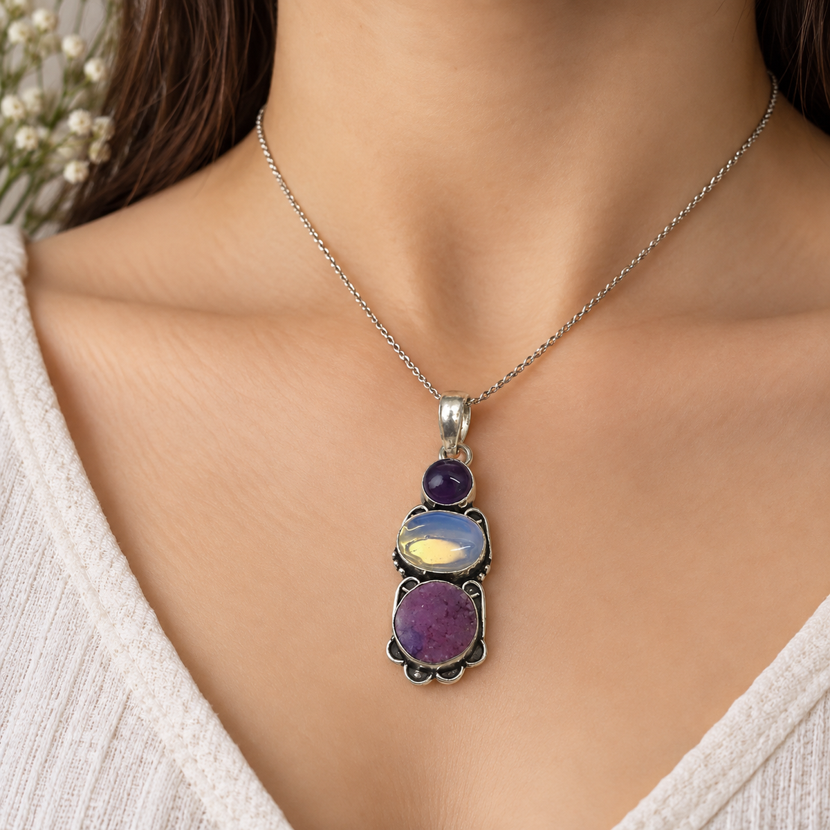 Amethyst Opalite Multi Stone Pendant, Silver Tone Jewelry PEN436-SLV-NMUL03