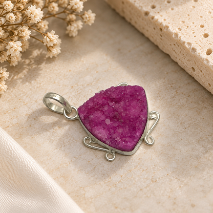 Pink Druzy Agate Pendant, Boho Statement Gemstone Jewelry PEN437-SLV-NPIDY01