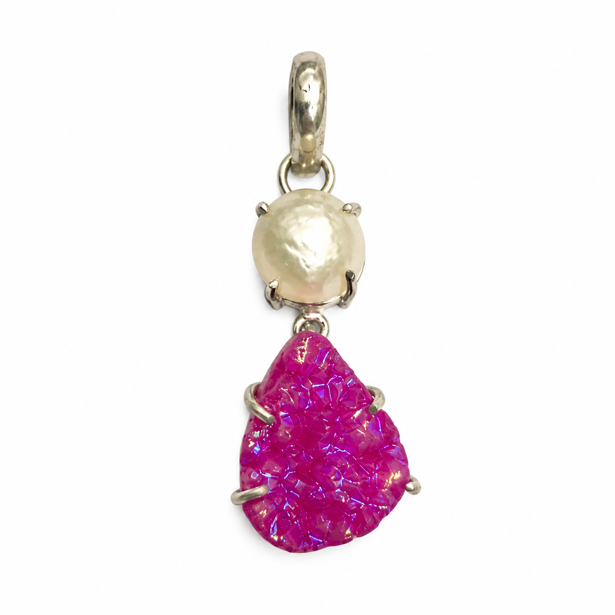 Pink Druzy Pearl Pendant, Silver Tone Boho Jewelry PEN438-SLV-LTDY+NPRL02