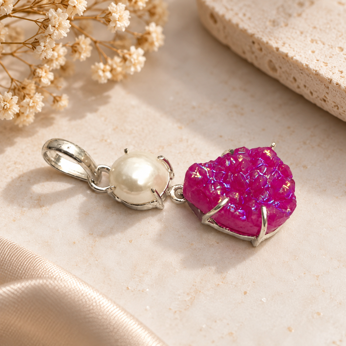 Pink Druzy Pearl Pendant, Silver Tone Boho Jewelry PEN438-SLV-LTDY+NPRL02