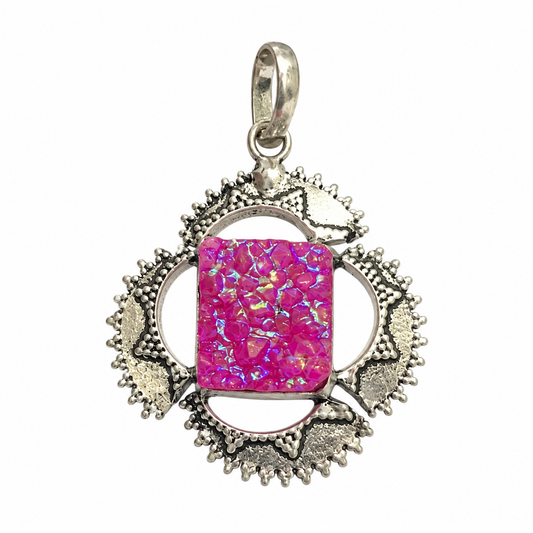 Pink Titanium Druzy Statement Pendant, Boho Silver Tone Jewelry PEN439-SLV-LTDY01