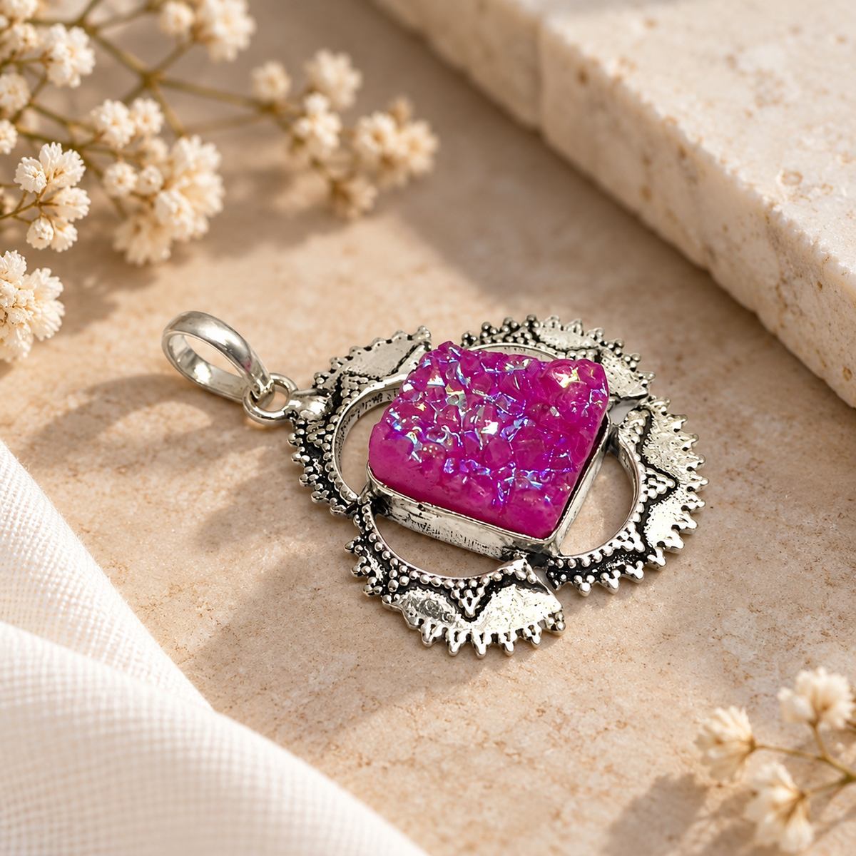 Pink Titanium Druzy Statement Pendant, Boho Silver Tone Jewelry PEN439-SLV-LTDY01