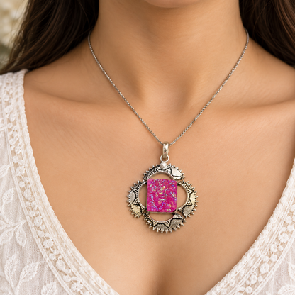 Pink Titanium Druzy Statement Pendant, Boho Silver Tone Jewelry PEN439-SLV-LTDY01