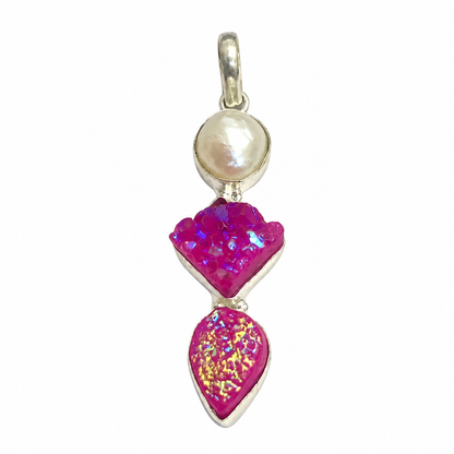 Pink Druzy Pearl Pendant, Boho Statement Jewelry PEN440-SLV-NPRL+NTDY03