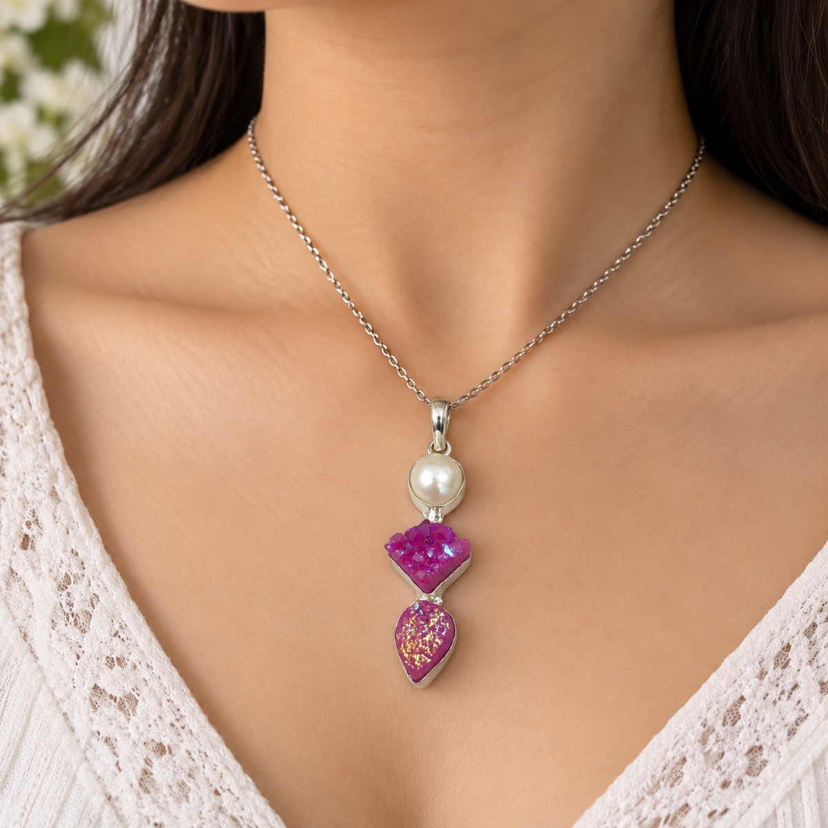 Pink Druzy Pearl Pendant, Boho Statement Jewelry PEN440-SLV-NPRL+NTDY03