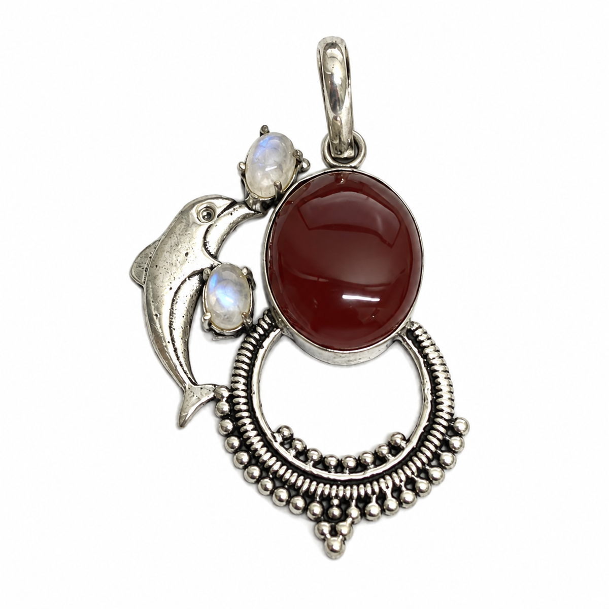 Red Onyx Moonstone Pendant Boho Silver Tone Necklace PEN441-SLV-NRO-NMS03