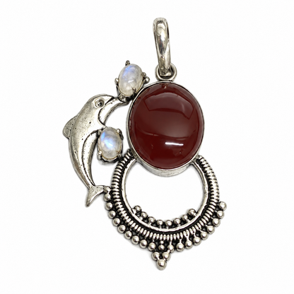 Red Onyx Moonstone Pendant Boho Silver Tone Necklace PEN441-SLV-NRO-NMS03