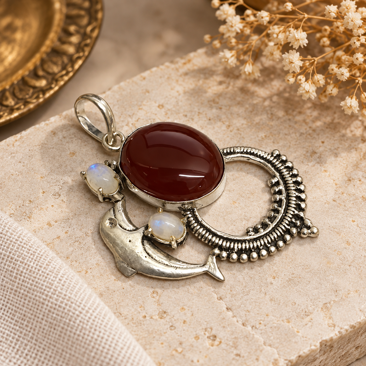 Red Onyx Moonstone Pendant Boho Silver Tone Necklace PEN441-SLV-NRO-NMS03