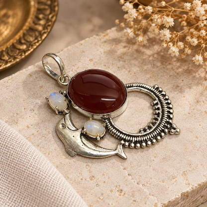 Red Onyx Moonstone Pendant Boho Silver Tone Necklace PEN441-SLV-NRO-NMS03