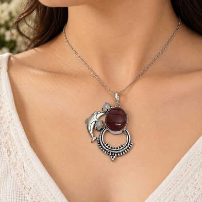 Red Onyx Moonstone Pendant Boho Silver Tone Necklace PEN441-SLV-NRO-NMS03