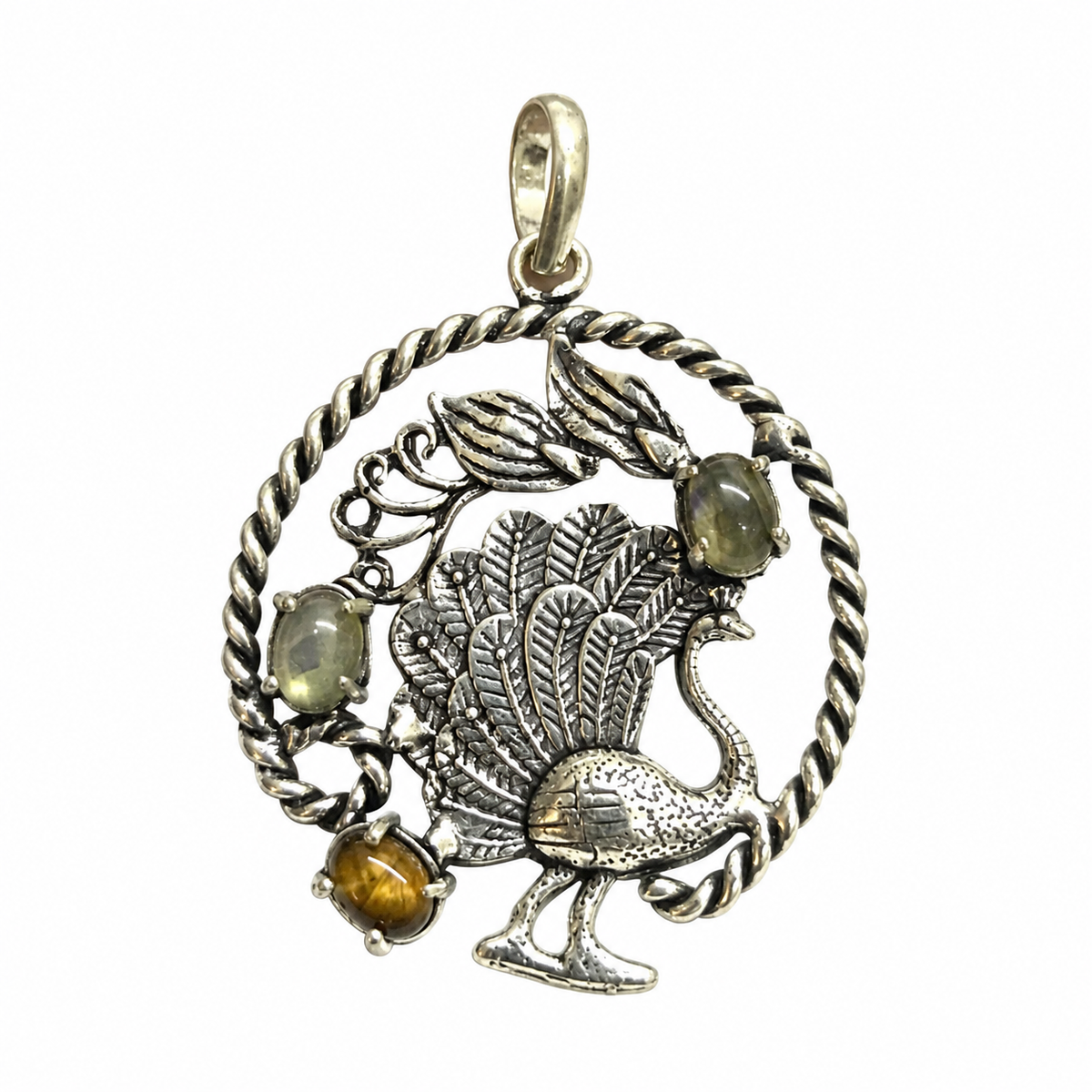 Peacock Pendant Tiger Eye Labradorite Boho Vintage Jewelry PEN442-SLV-NLBD-NTE03