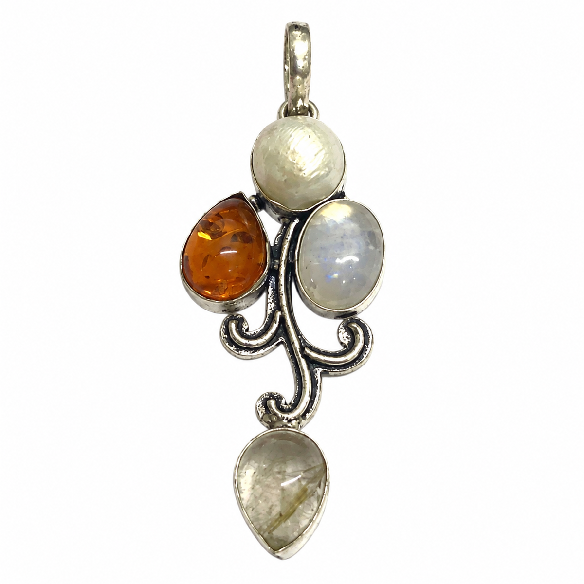 Amber Moonstone Rutile Quartz Pendant Boho Silver Jewelry PEN443-SLV-NPRL-NMUL04