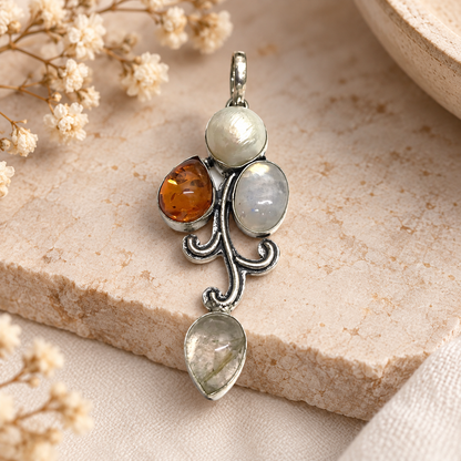 Amber Moonstone Rutile Quartz Pendant Boho Silver Jewelry PEN443-SLV-NPRL-NMUL04