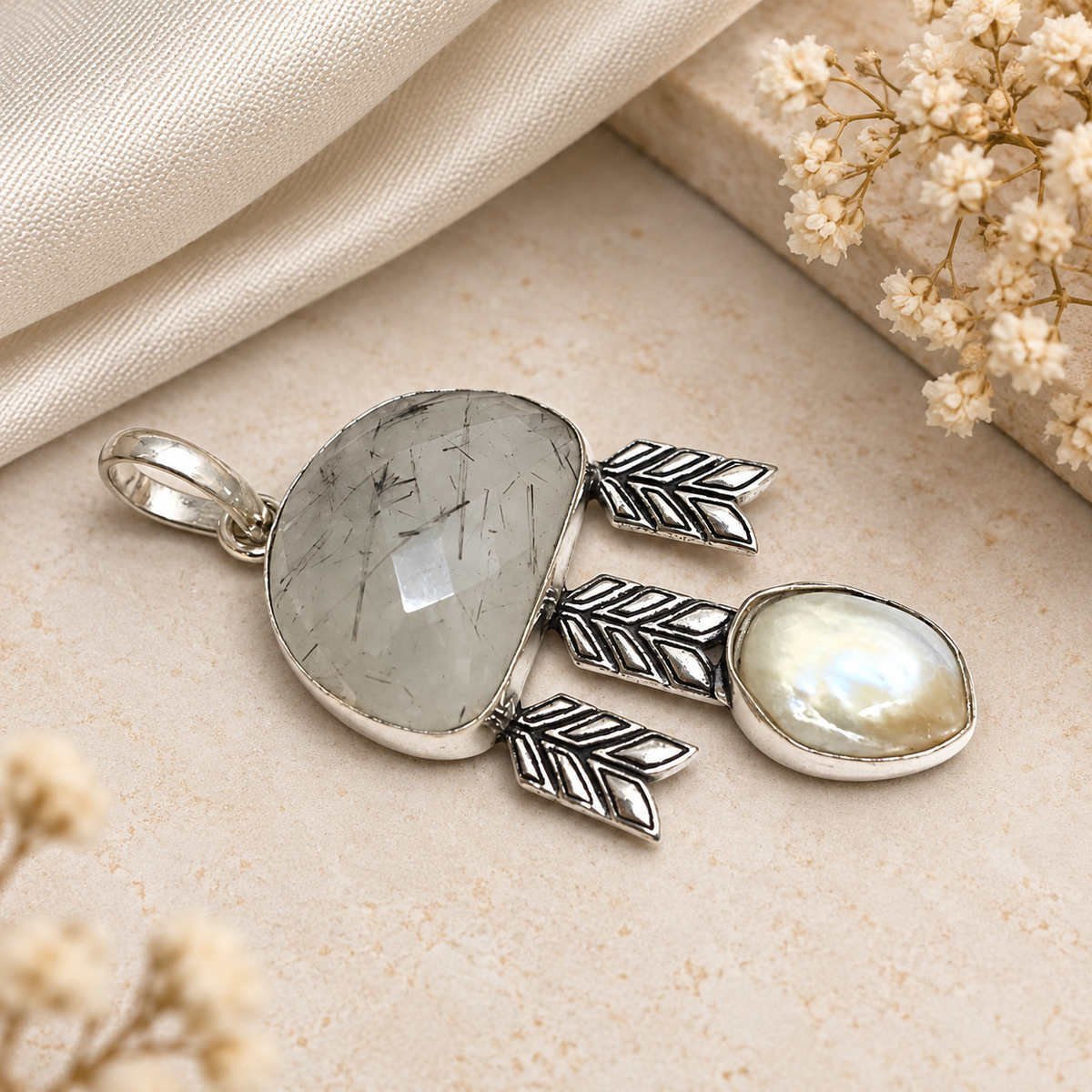 Rutilated Quartz Pearl Pendant Boho Nature Inspired Jewelry PEN444-SLV-NBR-NPRL02
