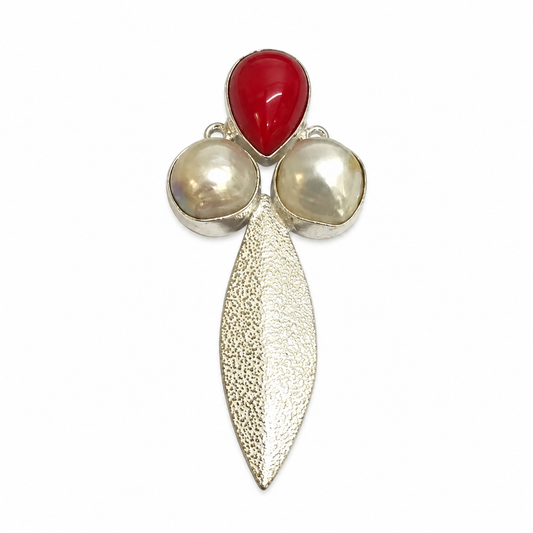 Red Coral Pearl Leaf Pendant Boho Vintage Silver Tone Jewelry PEN445-SLV-LRC-NPRL03