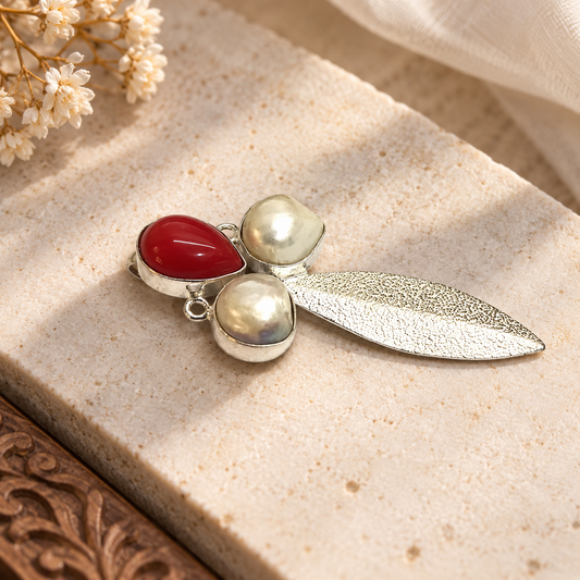 Red Coral Pearl Leaf Pendant Boho Vintage Silver Tone Jewelry PEN445-SLV-LRC-NPRL03