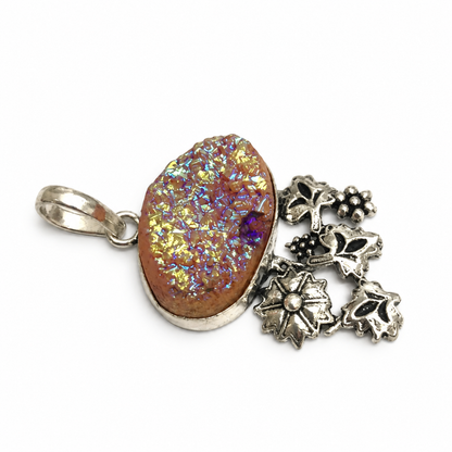 Titanium Druzy Crystal Flower Pendant Boho Floral Silver Tone Jewelry PEN446-SLV-NTDY01