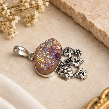 Titanium Druzy Crystal Flower Pendant Boho Floral Silver Tone Jewelry PEN446-SLV-NTDY01