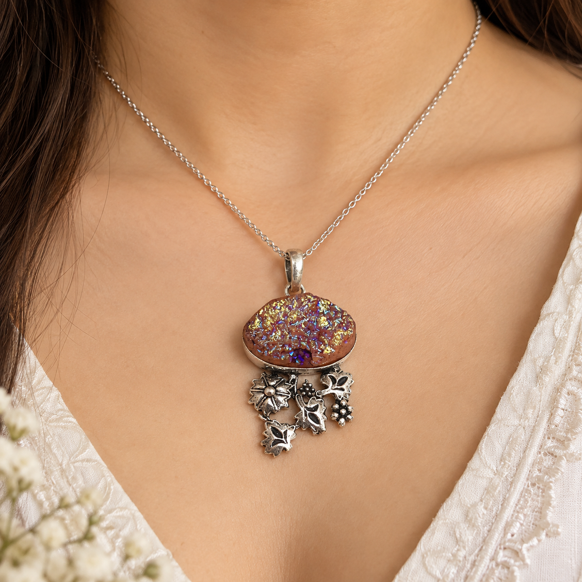 Titanium Druzy Crystal Flower Pendant Boho Floral Silver Tone Jewelry PEN446-SLV-NTDY01