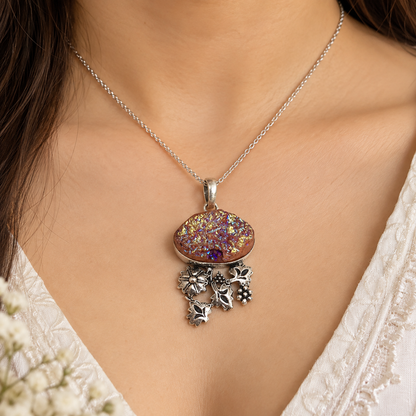 Titanium Druzy Crystal Flower Pendant Boho Floral Silver Tone Jewelry PEN446-SLV-NTDY01