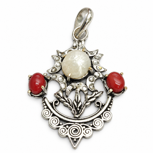 Red Coral Pearl Pendant Floral Boho Vintage Silver Jewelry PEN448-SLV-NPRL-LRC03