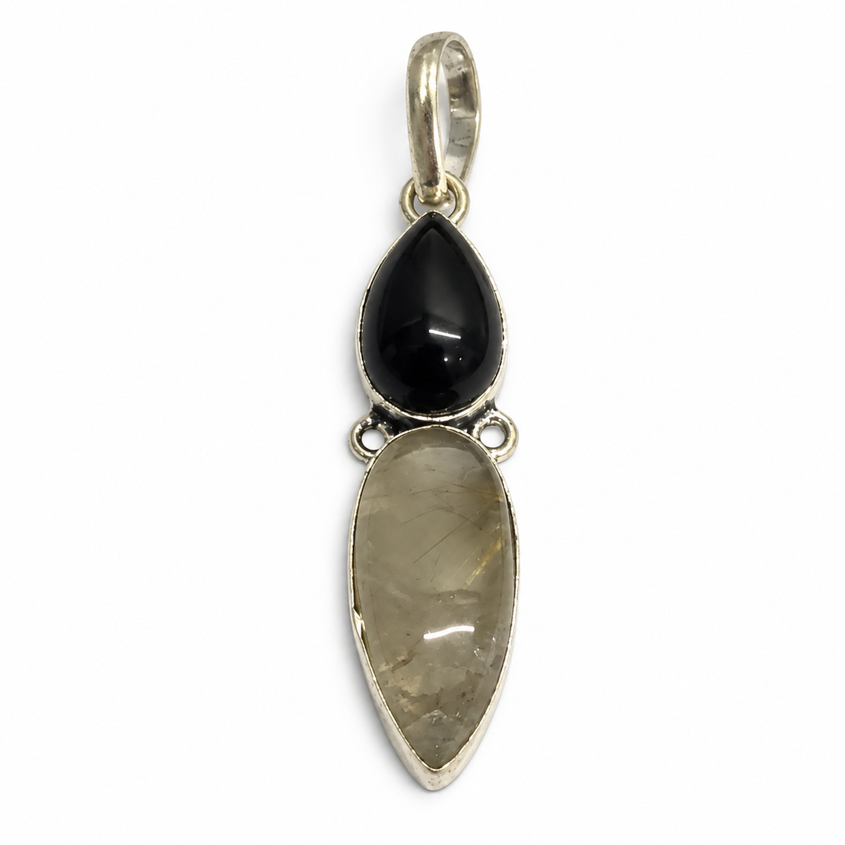 Black Onyx Rutile Quartz Pendant Boho Minimal Silver Jewelry PEN449-SLV-NBO-NGLDR02
