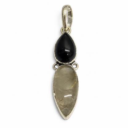 Black Onyx Rutile Quartz Pendant Boho Minimal Silver Jewelry PEN449-SLV-NBO-NGLDR02