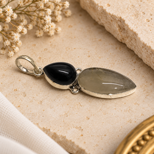 Black Onyx Rutile Quartz Pendant Boho Minimal Silver Jewelry PEN449-SLV-NBO-NGLDR02