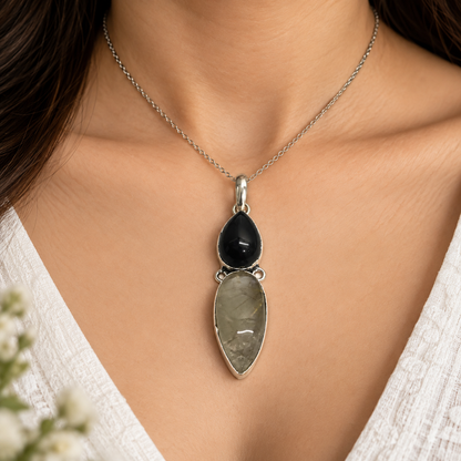 Black Onyx Rutile Quartz Pendant Boho Minimal Silver Jewelry PEN449-SLV-NBO-NGLDR02