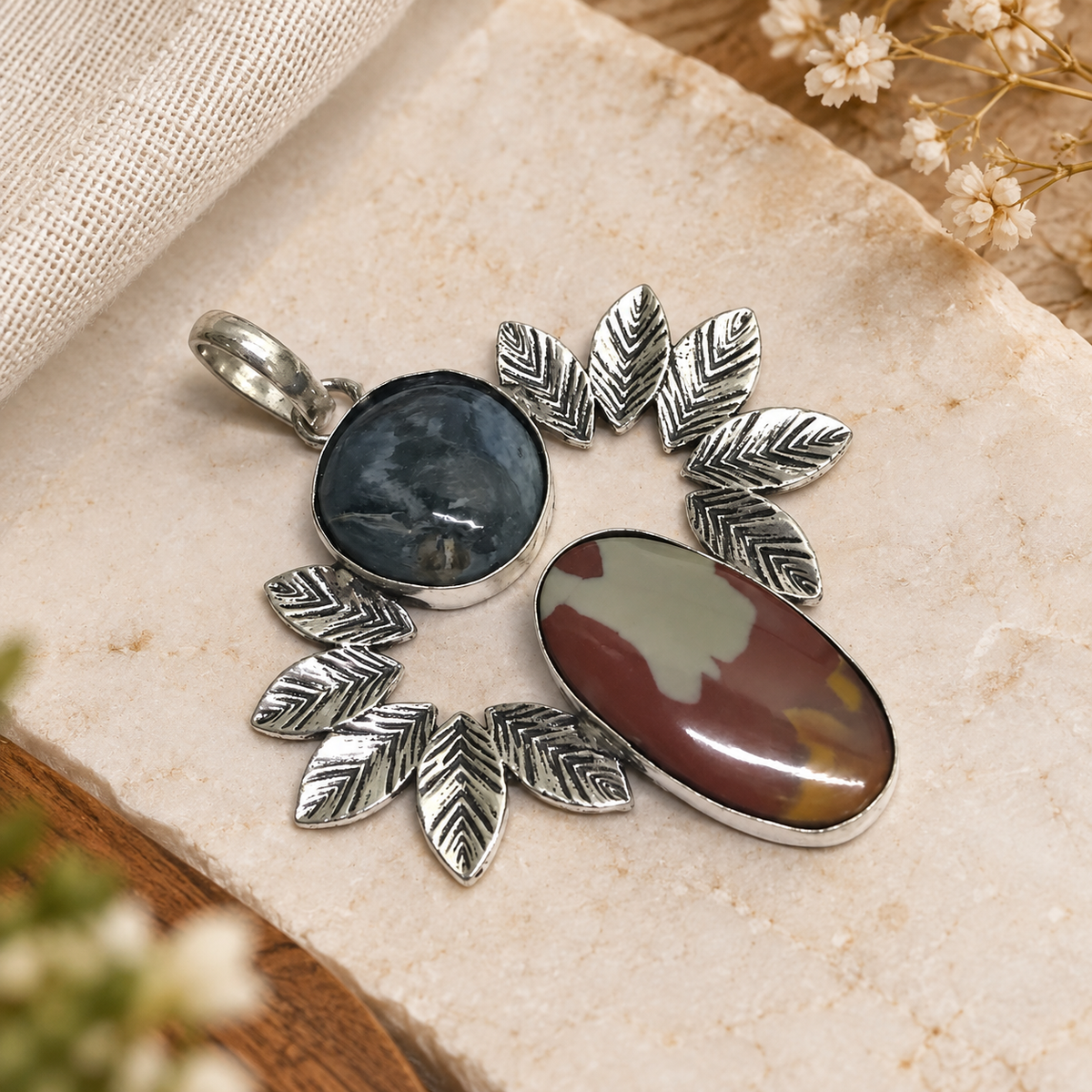 Pietersite Jasper Leaf Pendant Boho Nature Silver Jewelry PEN450-SLV-NPT-NJR02