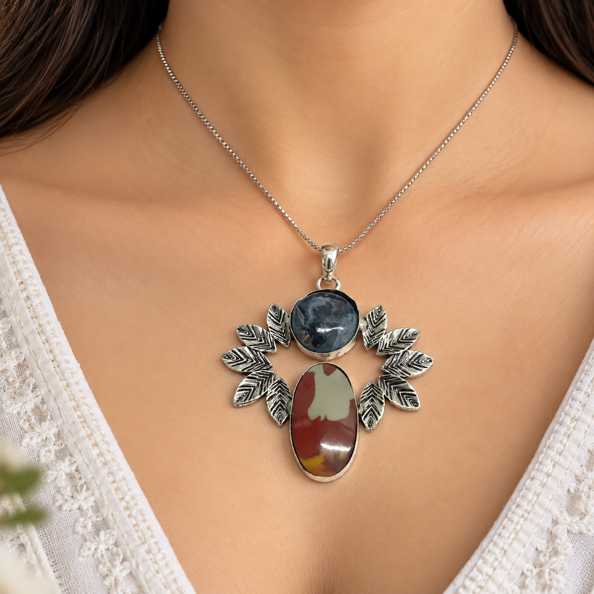 Pietersite Jasper Leaf Pendant Boho Nature Silver Jewelry PEN450-SLV-NPT-NJR02