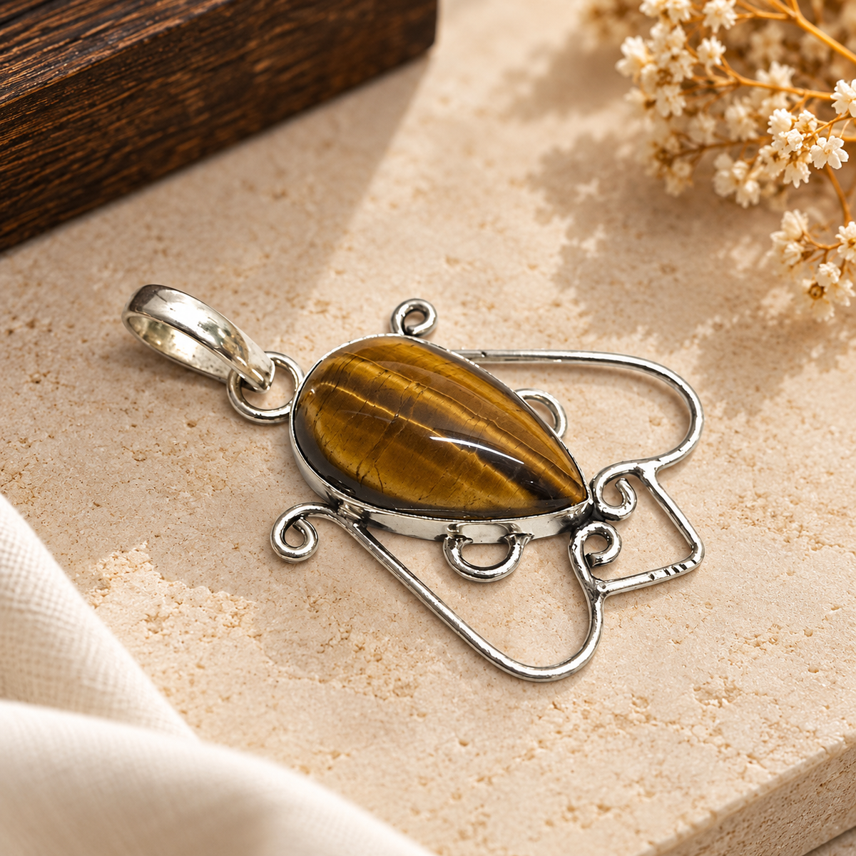 Tiger Eye Pendant Boho Vintage Silver Tone Statement Jewelry PEN451-SLV-NTE01